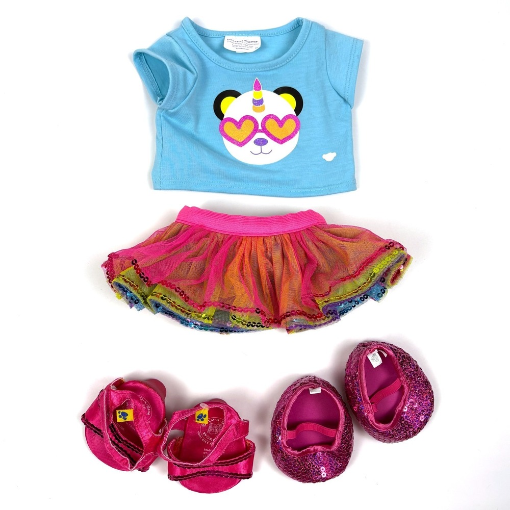 Build A Bear BAB 2 pc Outfit + 2 Prs Shoes Reversible Rainbow Sequin Tutu Glittr